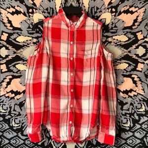 Plaid long sleeve off the shoulder button up (S)